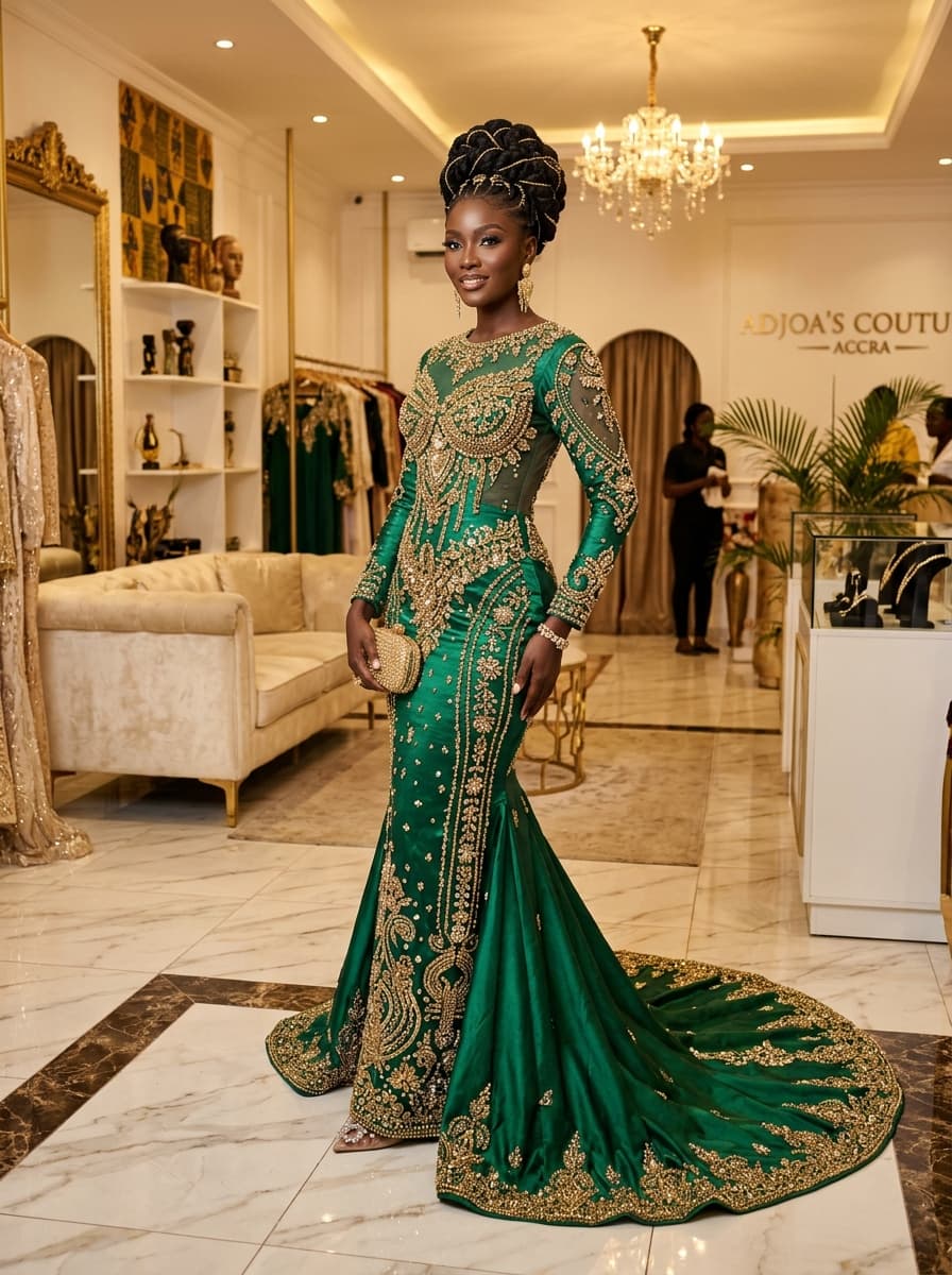 Couture Emerald Beaded Evening Gown